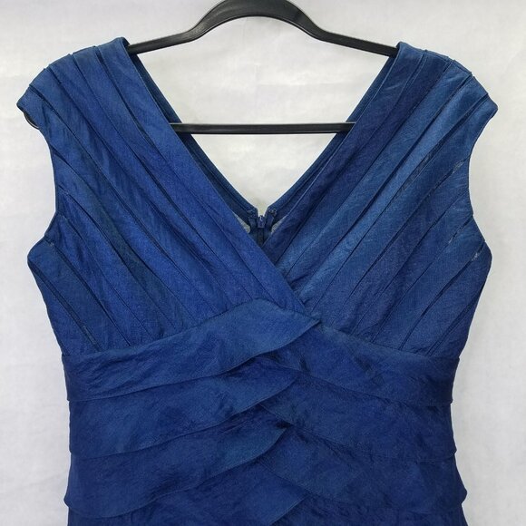 Adrianna Papell Dress 10 P Chiffon V-neck Taffeta Shutter Pleat Blue Sleeveless - Picture 3 of 13